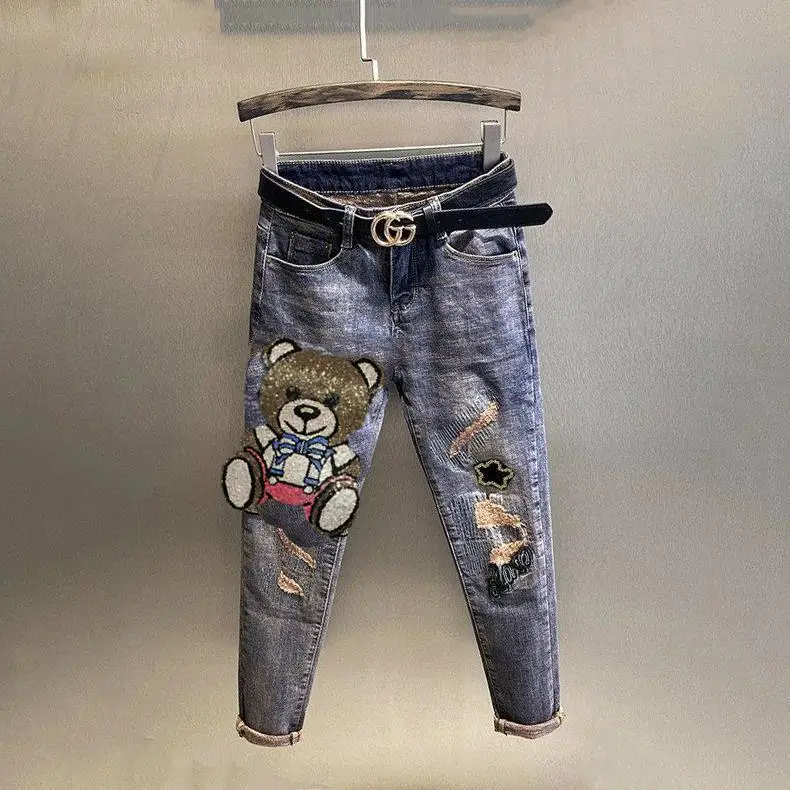 2022 New Autumn Winter Female Jeans Thicken Velvet Bear Hot Drilling High Waist Stretch Tight Pencil Denim Pants Ankle-length