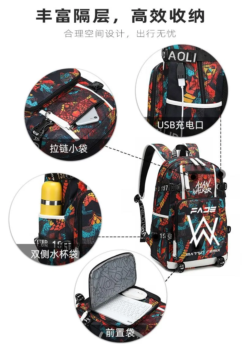 Breathable mesh,With USB,Glow-in-the-dark,Black Orange Yellow Grey,Alan Walker,AlanWalker,School Bags,Anime Backpacks Girls Boys 6
