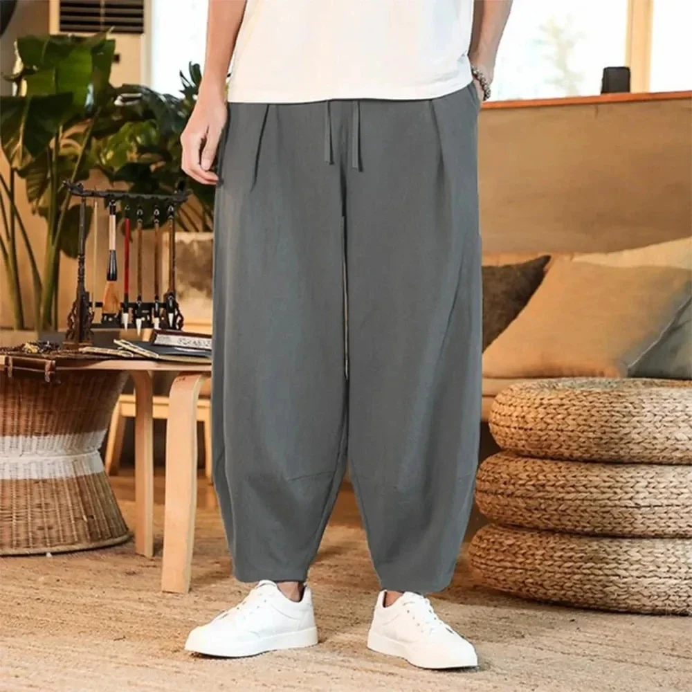 2024 Men's Pants Cotton and Linen Male Summer New Pure Color Mens Trousers Loose Baggy Streetwear Plus Size