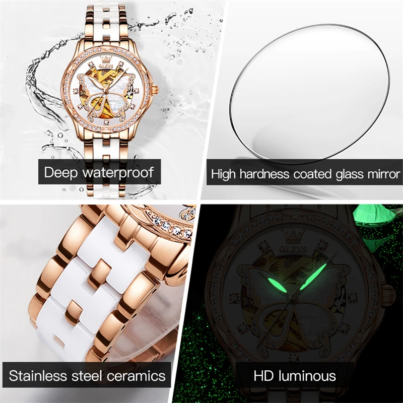 OLEVS Brand New Luxury Ceramic Mechanical Watch for Women Waterproof Fashion Butterfly Dial Diamond Watches Womens Montre Femme
