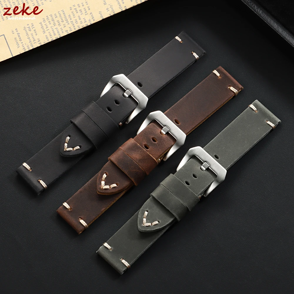 Vintage Genuine Leather Cowhide Watch Band - Soft Stitching Crazy Horse Calfskin Bracelet