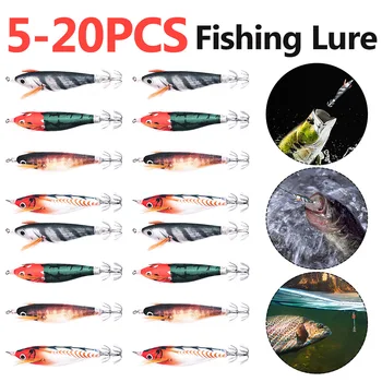 5-20PCS Luminous Artificial Squid Hook Horizontal Prawn Hook 70mm Wood Shrimp Cuttlefish Hard Bait for Cuttlefish Sea Fishing 1