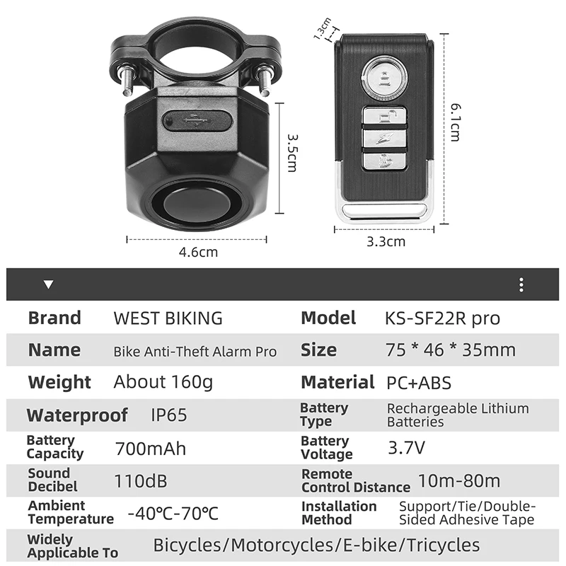 Kryptonite Bike Lock Wireless Bicycle Vibration Alarm USB Charging  Motorcycle Bike Alarm Remote Control Anti-theft