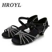 HROYL Latin Dance Shoes for Girls Women Ladies With Rhinestone Ballroom Modern Tango Dancing Performance Shoes 3.5/4CM Heels 1