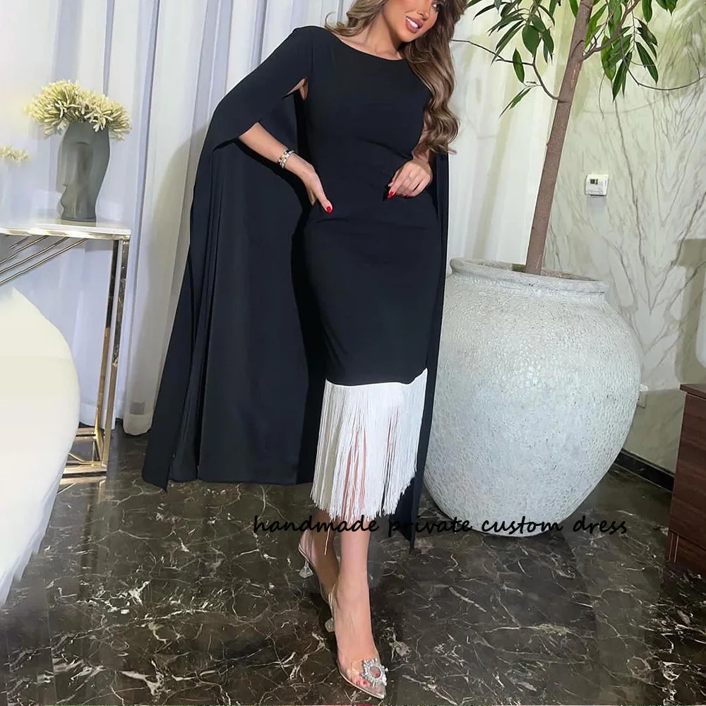 

Black Mermaid Saudi Arabic Evening Dreses Spandex Satin White Tassels Dubai Prom Party Dress With Jacket Tea Length Formal Gowns