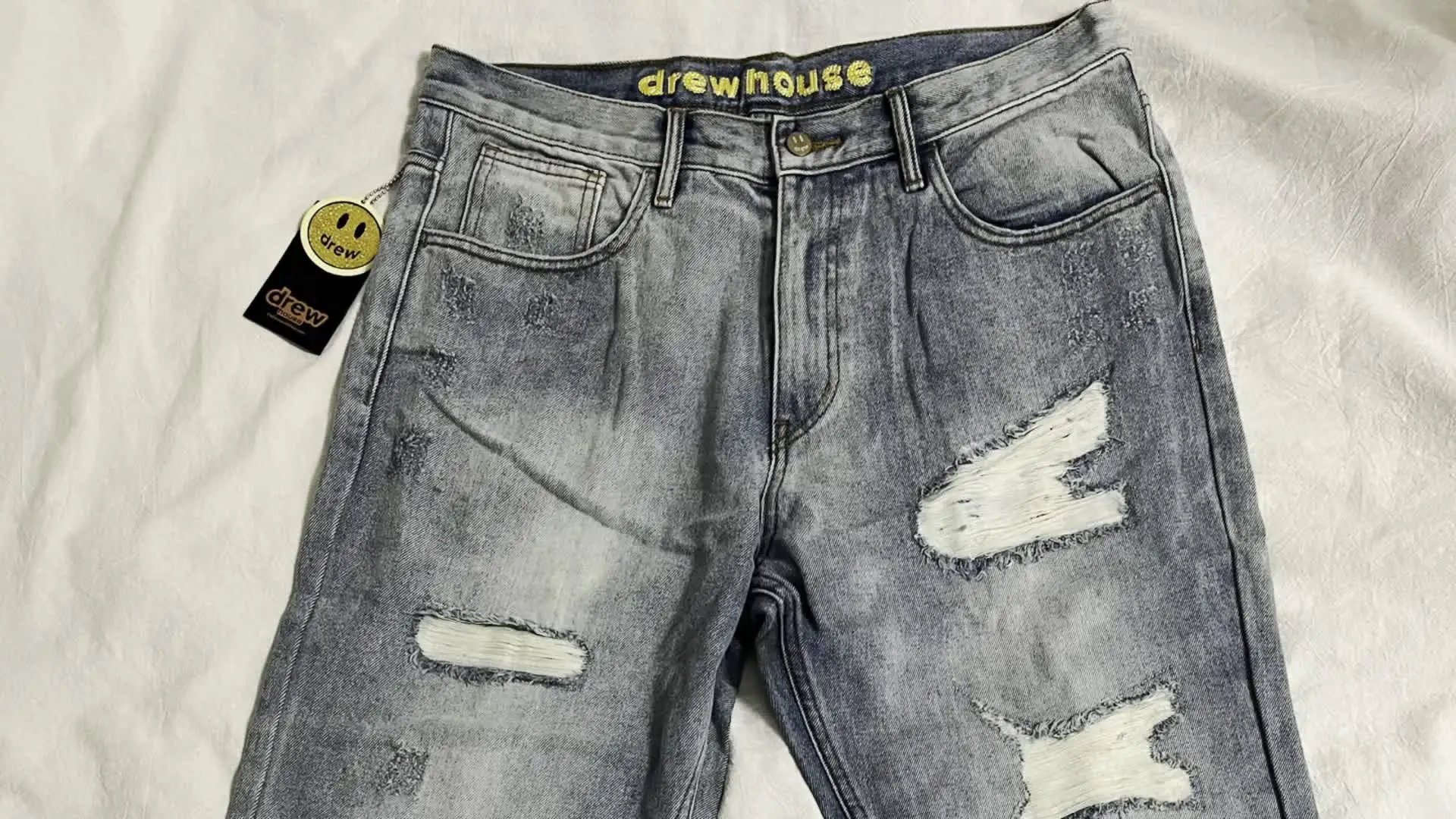drew house ダメージデニム Drew House Men Crystal Holes Ripped Patchwork Jeans Streetwear