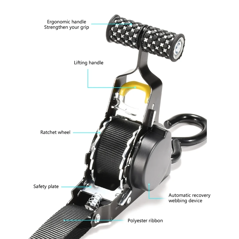 Motorcycle Transport Tie Down Strap with Ratchet Ergonomic Designs Automatic Retracting Designs for Secure Fastening