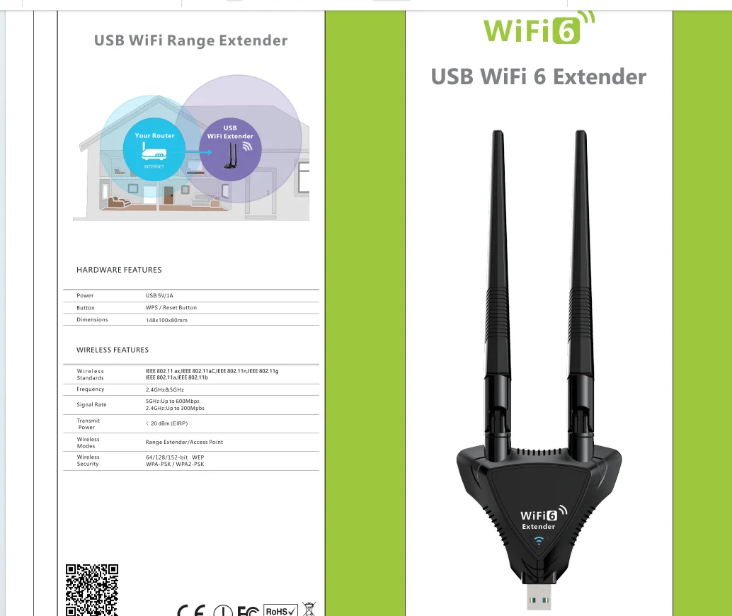 픽스링크 USB WIFI6 확장기 USB 와이파이 범위 확장기 와이파이 리피터 UE09AX