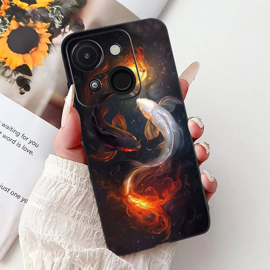 Cartoon Cat & Dragon Marble Matte Black Silicone Soft Phone Case