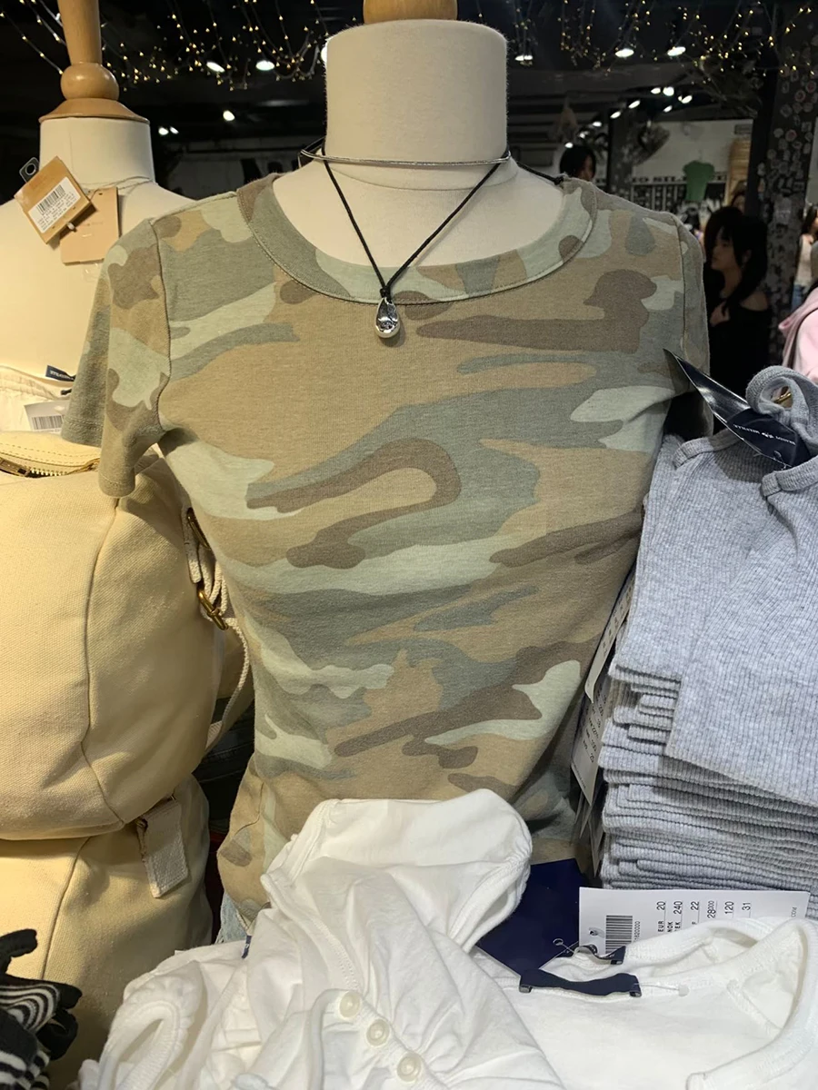 เสื้อผ้าฝ้ายลายพราง วินเทจ Y2K เข้ารูป