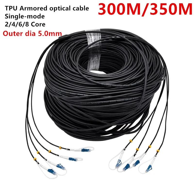 TPU Armored Cable Fibra Optica,Fiber Optic Connectors LC UPC,SC UPC,Single-mode, 2/4/6/8 Core, with Protective Cover, 300m,350m