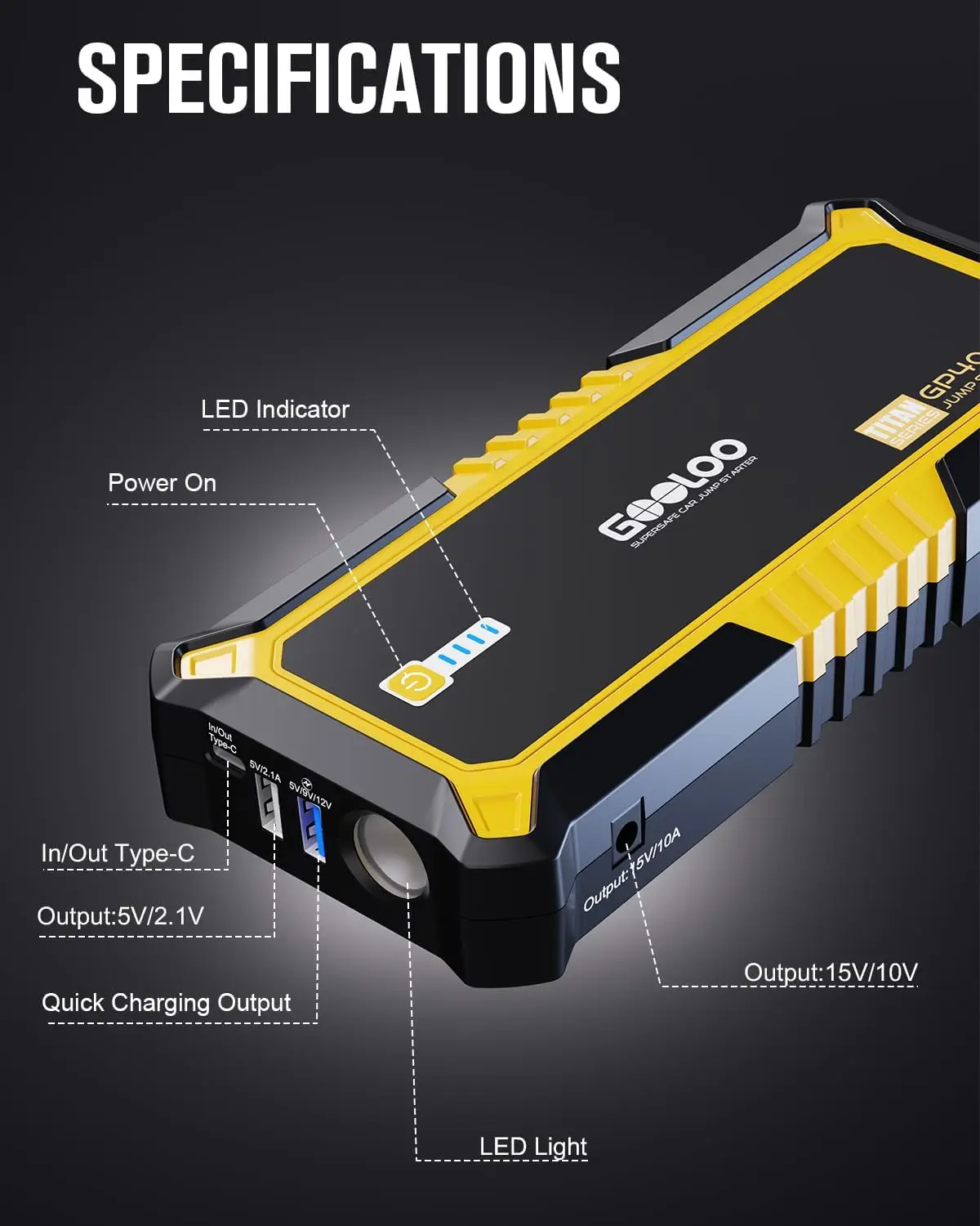 GOOLOO GP4000 Jump Starter 4000A Peak Car Starter (All Gas,up to 10.0L Diesel Engine) SuperSafe 12V Lithium Jump Box 6