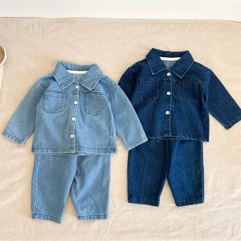

2023 Autumn New Baby Long Sleeve Clothes Set Children Denim Jacket Solid Boys Girls Soft Jean Outfits Fashion Children 2pcs Suit