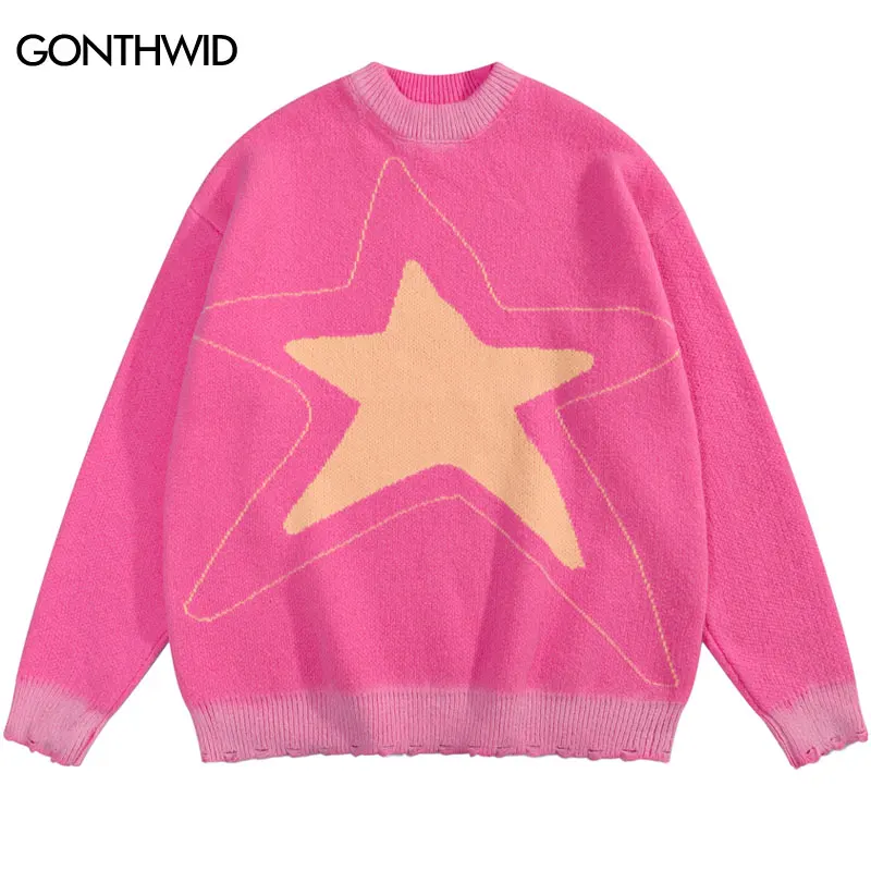 

Harajuku Star Sweater Y2K Hip Hop Knitted Graphic Ripped Distressed Jumper Streetwear 2023 Fashion Loose Pullover Pink Dark Blue