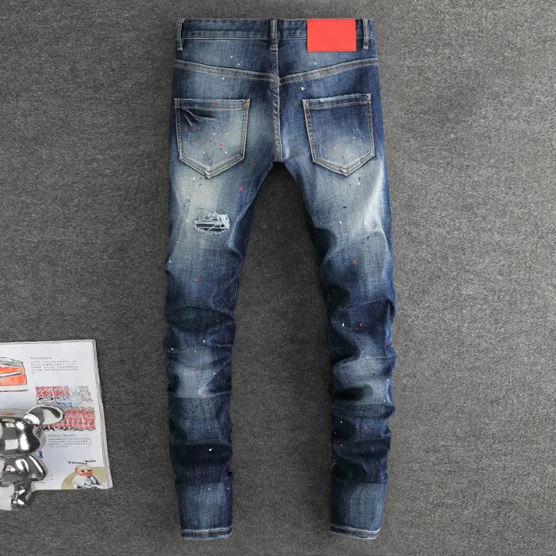 Street Fashion Men Jeans High Quality Retro Blue Stretch Slim Fit Ripped Jeans Men Painted Designer Brand Vintage Denim Pants