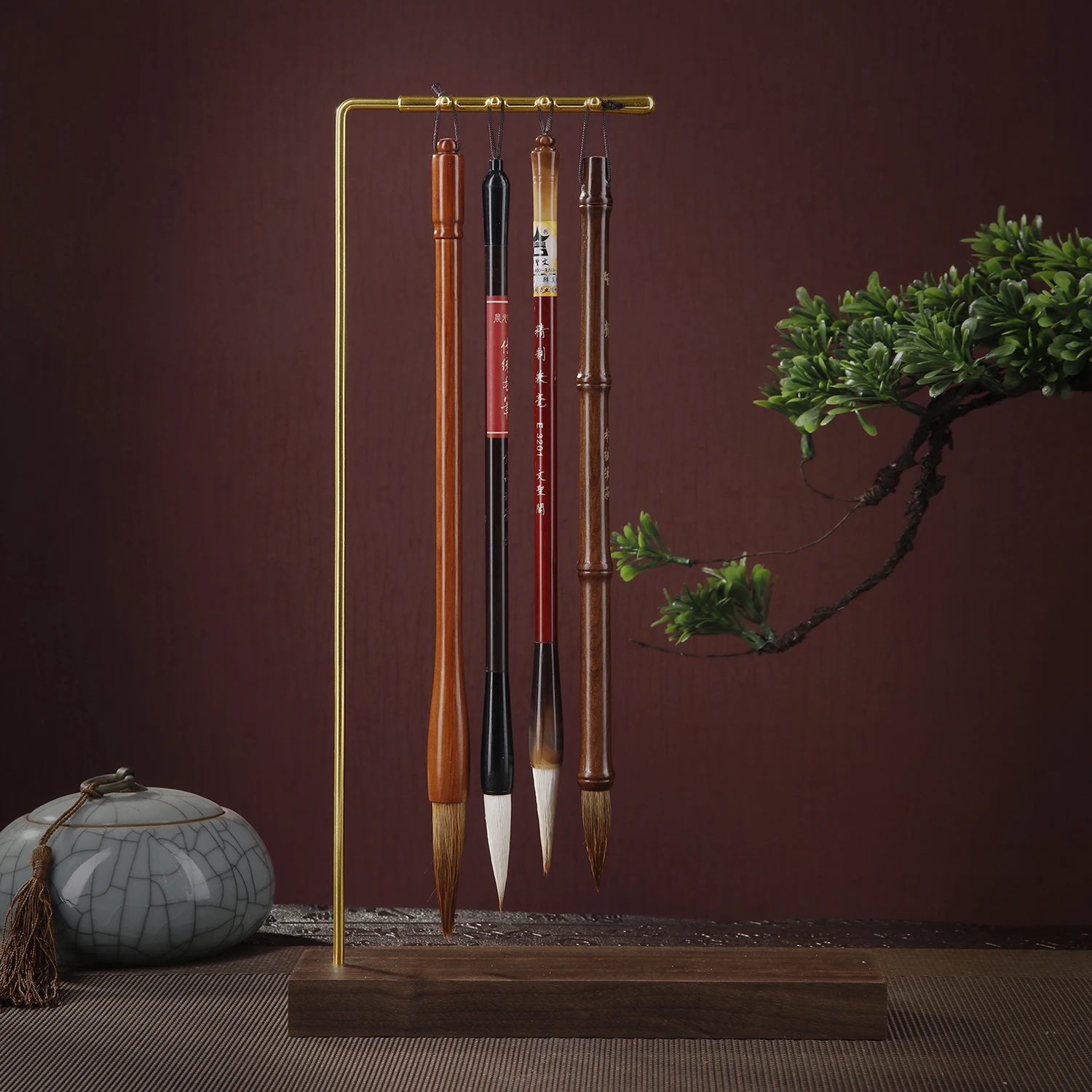 Meatl Chinese Brush Pen Holder with Walnut Base Calligraphy Rest Ink Hanger 8 Needles Writing Brush Holder