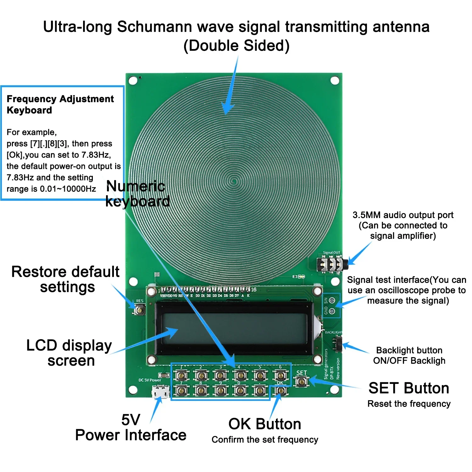 Signal generator waves resonance generator 7.83Hz Schumann Waves Resonance Generator Adjustable 0.01Hz~100000Hz Ultralow Frequency Pulse Audio Resonator Type-C Interface