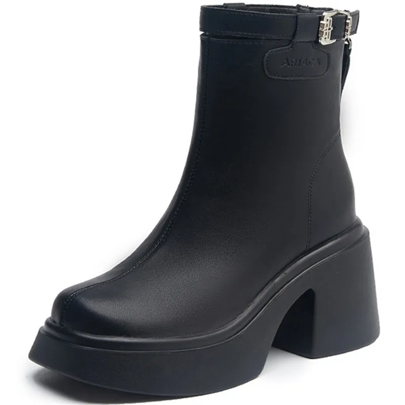 

Genuine Leather Square Heel Boots Female 2024 Autumn and Winter Thick Sole Short Boots Female Black Thick Heels Chelsea Boots