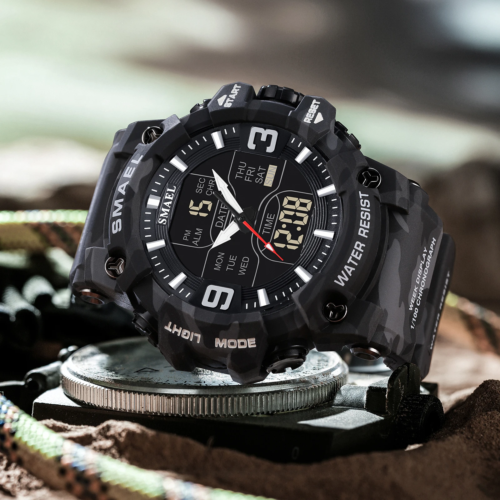 Rugged Men's Sport Waterproof Digital Watch with Alarm and Dual-Time Features