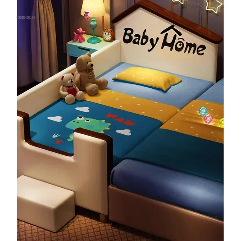 Fashionable Soft Case Beds for Children Solid Wood Splicing with Footrest Children Bed European Light Luxury Child Bed for Study