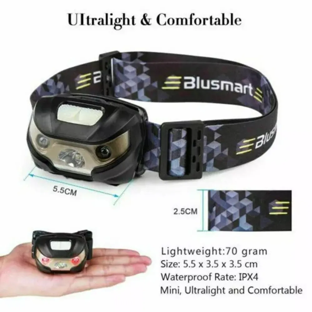 Super Bright USB Rechargeable Headlamp Waterproof Induction LED Head Headlight Ultralight Flashlight Fishing Head Torch Camping