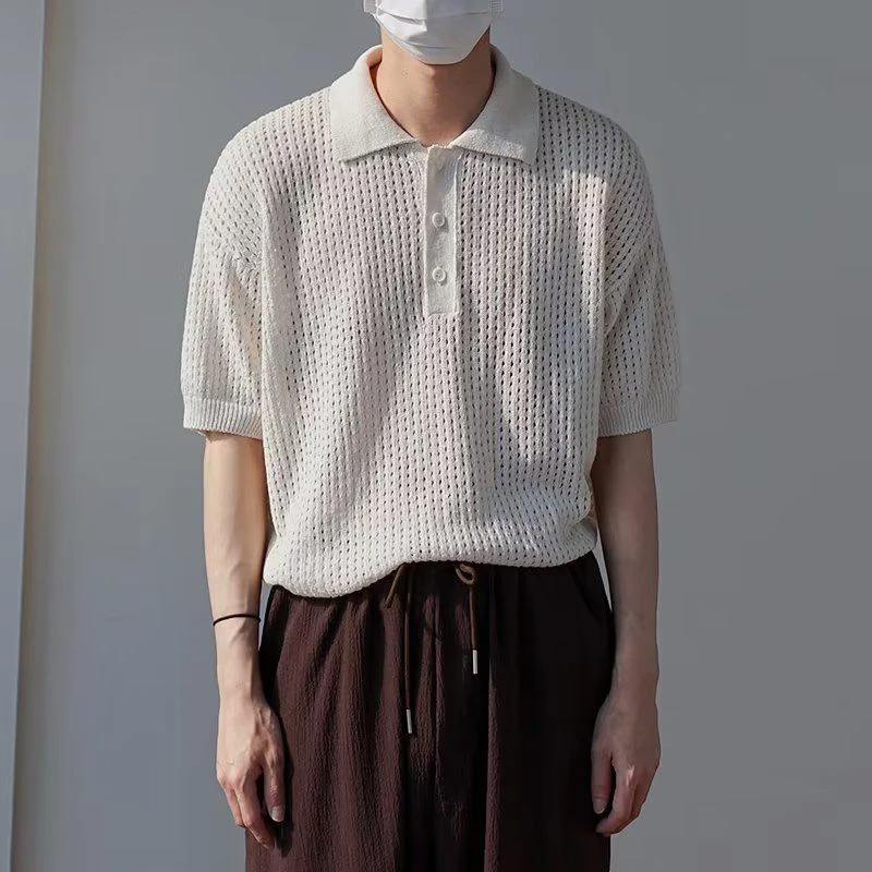 Summer Hollow Out Short Sleeve Men Polo Sweatshirts Thin  Loose Fashion All-match Harajuku Oversized T Shirts Office Daily White