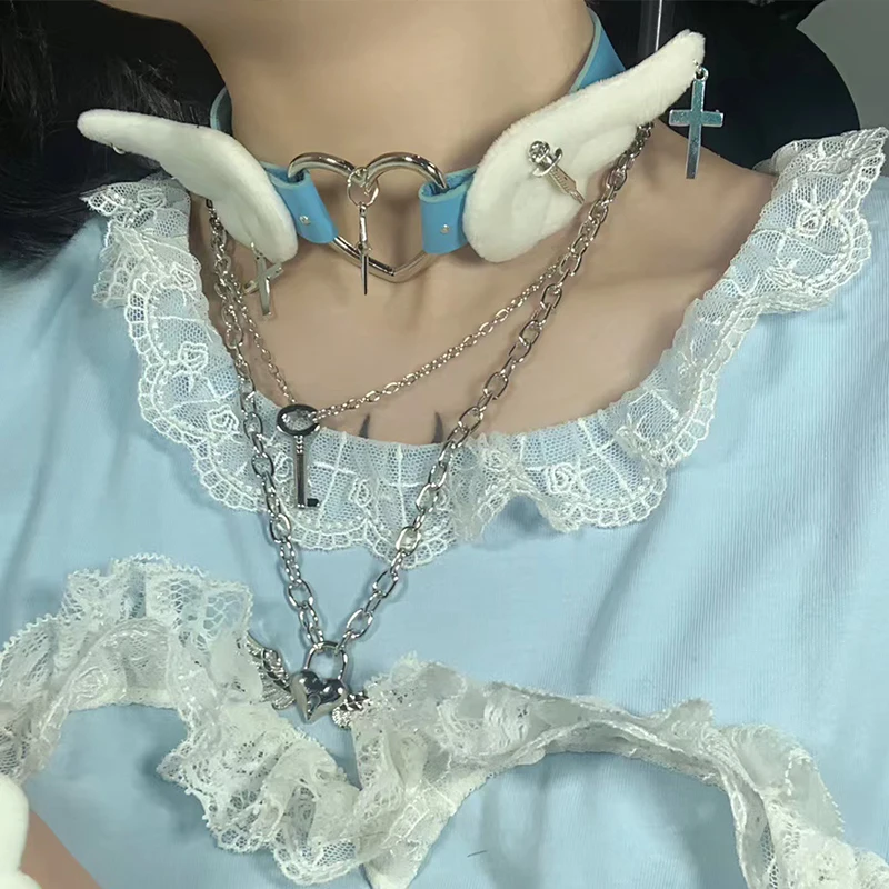 Grunge Jewelry Pink Wings Cross Choker Cosplay Sexy Accessory Harajuku Heart Pendant Necklace for Women Korean Fashion Necklace women jewelry