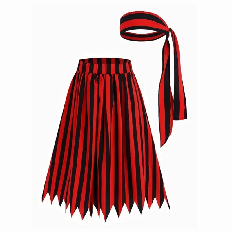 Women's Pirate Costume Dress Printed Striped Captain Jack Elasticized Lace Dress Halloween Girls Role Play Party