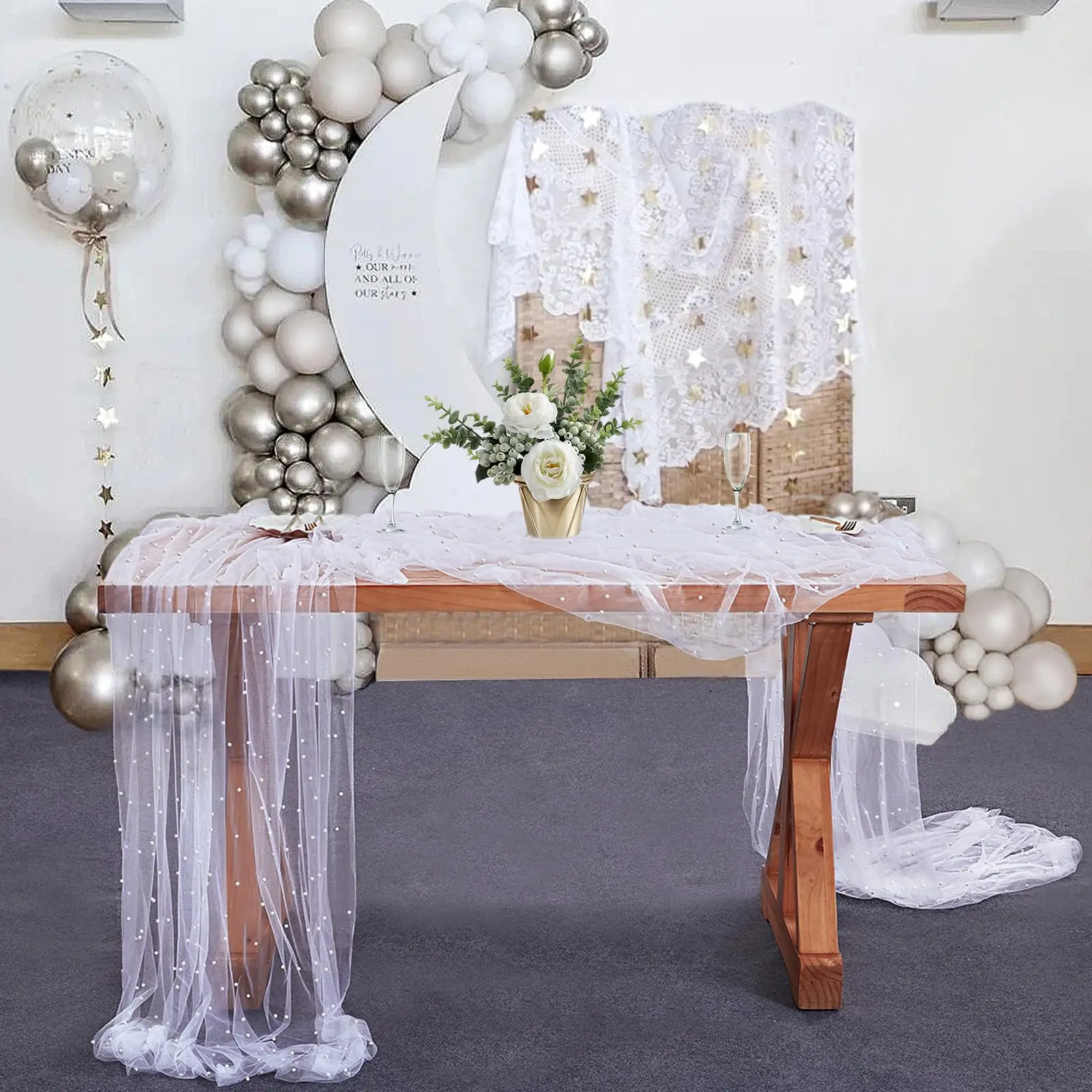 thumbnail image 1 of Camino de mesa de tul blanco, mantel de tul perlado, mantel blanco, velo de novia, telas para arco de boda, decoraciones para mesa de postres, 1 of 4