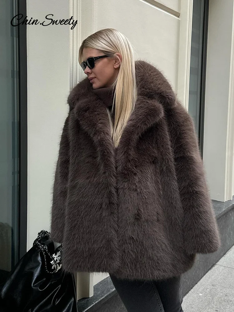 Luxury Women's Brown Faux Fur Coat Lapel Mid-Length Loose Imitation Plush Furry Buckle Overcoat Winter Lady Thick Warm Outwear