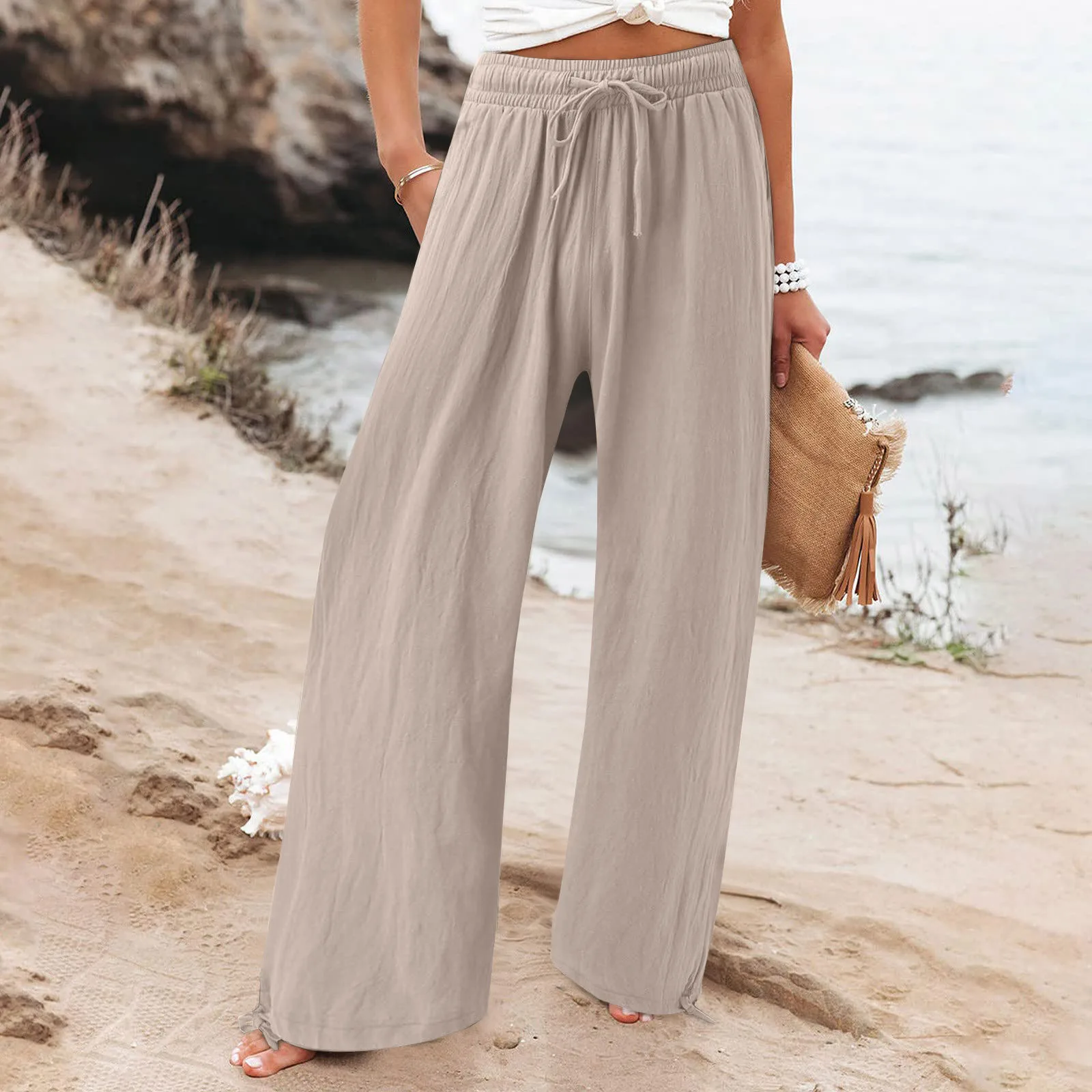 Women Loose Wide Leg Summer Pants Drawstring Beachwear