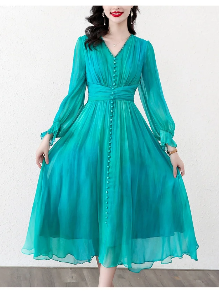 

Женское длинное платье с V-образным вырезом, синее платье во французском стиле с длинными рукавами и бусинами, весна-лето 2024