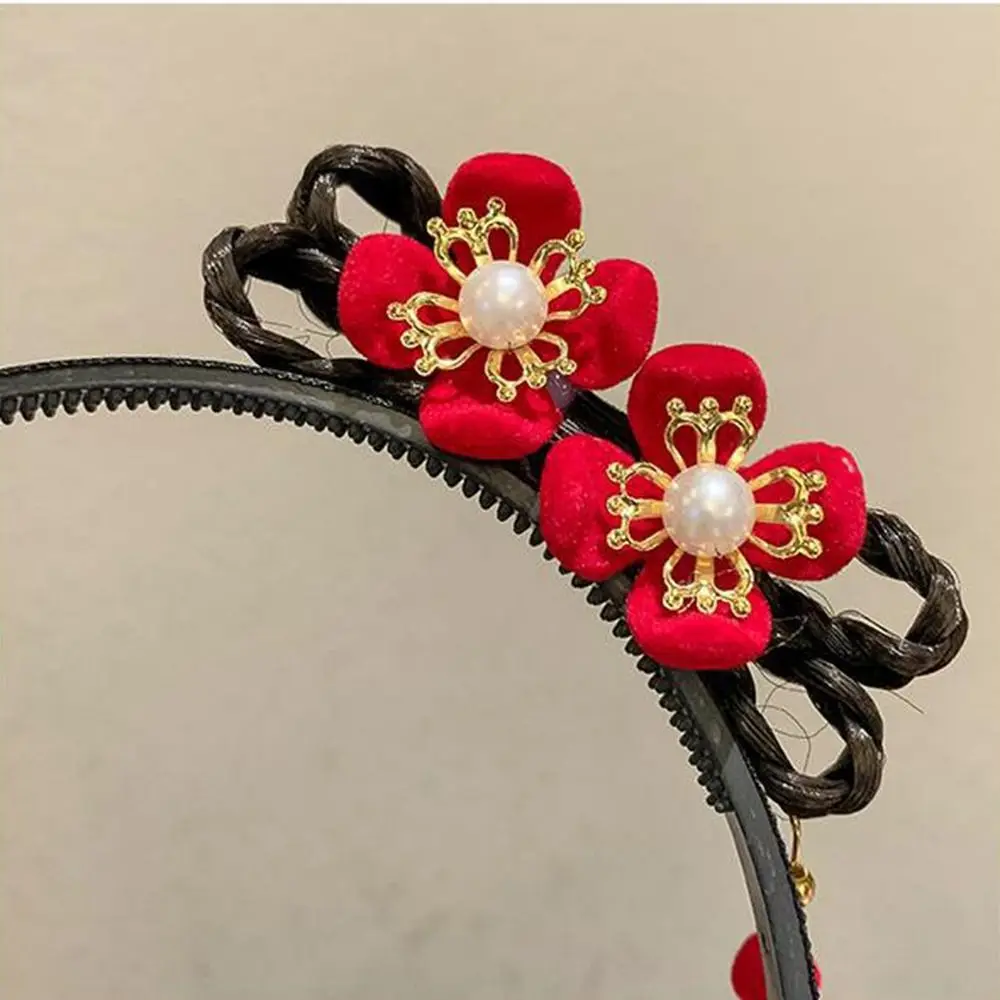 Flower Children Wig Headband Braid Hair Tang Suit Hair Hoop Chinese New Year Headwear Ancient Style Tassel Red Bow Hairband Baby