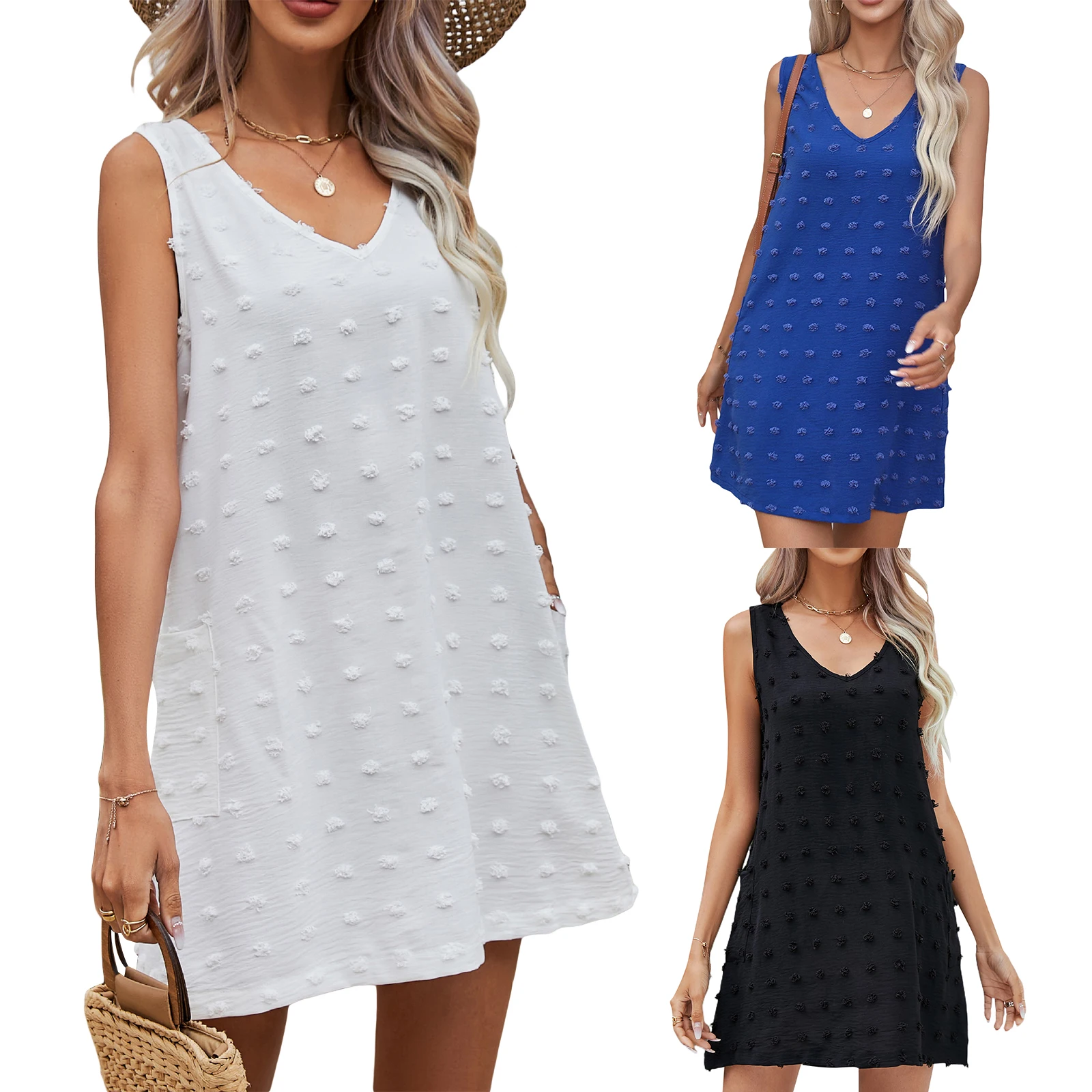 

Women Loose Sleeveless V Neck Short Dress Casual Solid Color Party Dresses Summer Side Pockets Dress