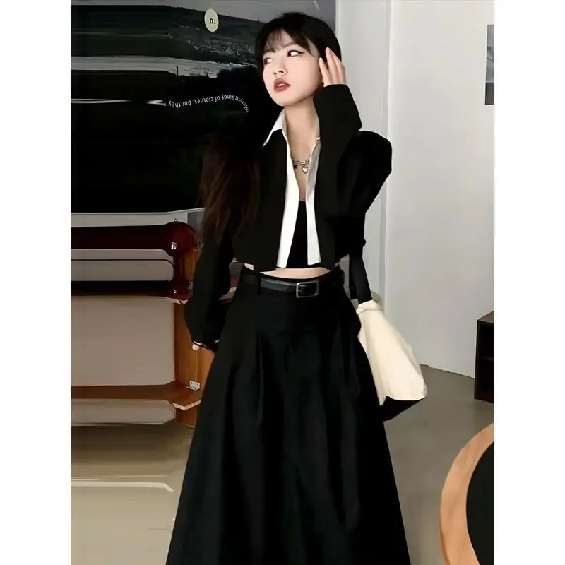 

UNXX Fashion 2 Pieces Outfits Black Set Office Women Formal Kit Temperament Lady Short Crop Tops Coat Slit Midi Skirt Slim Suits