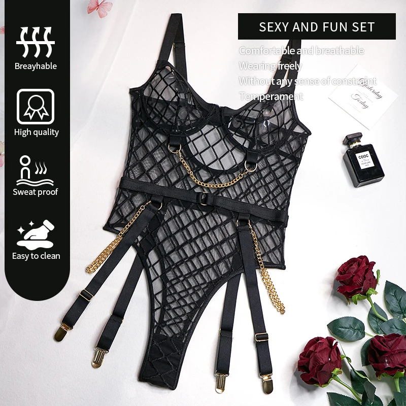 Women Jumpsuit Women Bodysuit Sleep Wear Set Women Suspender Pajamas Women's Tight Fitting Transparent Jumpsuit Women's Sexy Lace Decoration with Chain V-Neck Suspender Jumpsuit Pajamas