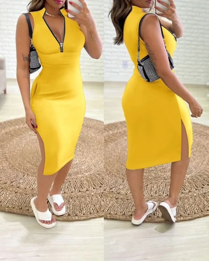 

2024 Summer Women's Fashion Zipper Pocket Design Slit Dresses Temperament Commuting Women Sleeveless Casual Midi Bodycon Dress