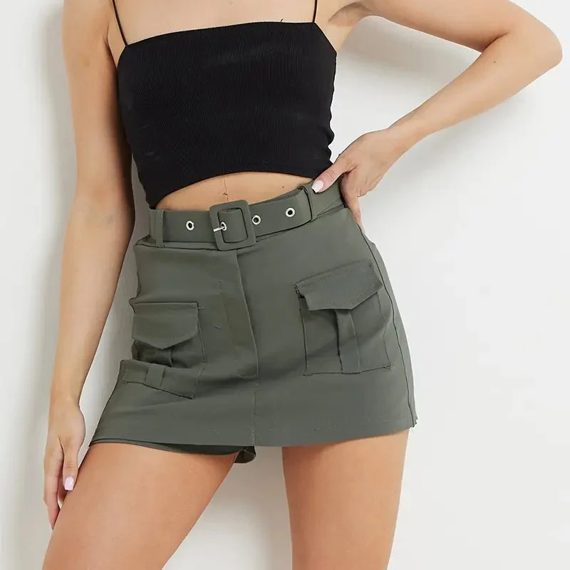 

Women Casual Vintage Chic Skirt Style Shorts Fashion Summer Fall Pockets Cargo Shorts Elegant Lady High Waist Belted Short Skirt