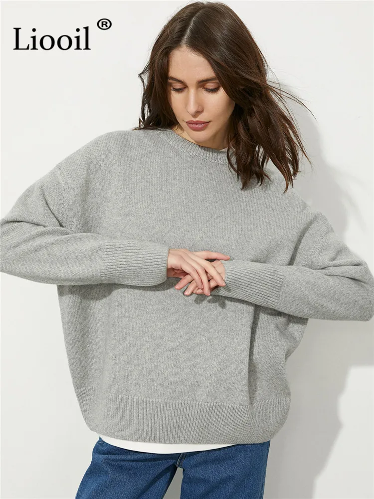 

Liooil Women Loose Knit Sweater Long Sleeve Knitting Pull Ribbed Tops 2023 New In Knitwears Autumn Winter O Neck Baggy Sweaters