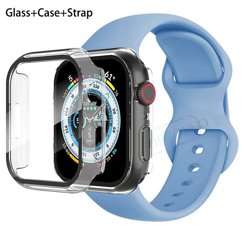 Premium Silicone Apple Watch Band with Glass Case and Strap - Compatible with All Series