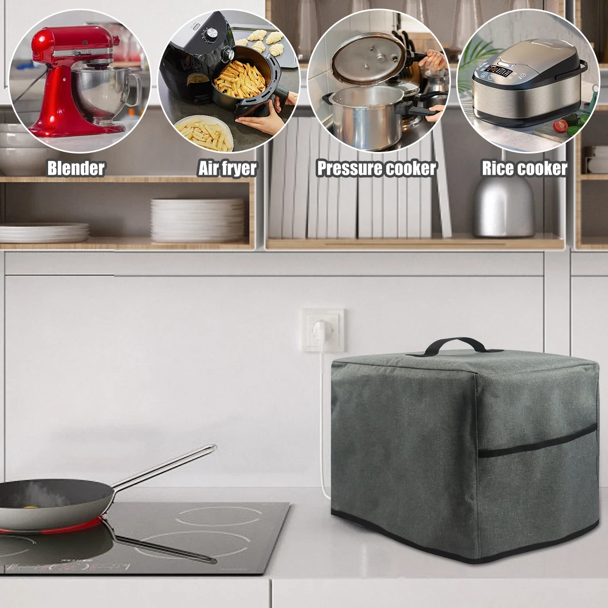 Kitchen Dust Cover Air Fryer Hood Air Fryer Dust Cover Handle Storage Pockets Reusable Waterproof Nylon Small Appliance Dust Cover Washable Fits