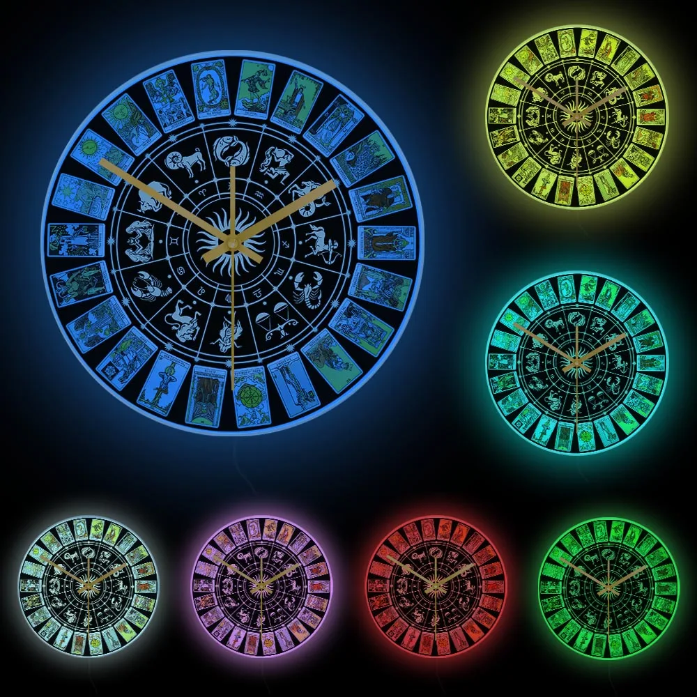 The Major Arcana Wheel of the Zodiac Luminous Wall Clock Tarot Prediction LED Lighting Decor Horoscope Circle Clock Glow In Dark