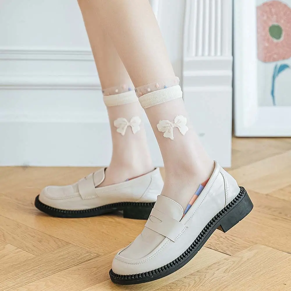

Kawaii Girls Korean Spring Summer Lattice Bow Mesh Glass Silk Socks Women's Socks Middle Tube Socks Cotton Hosiery