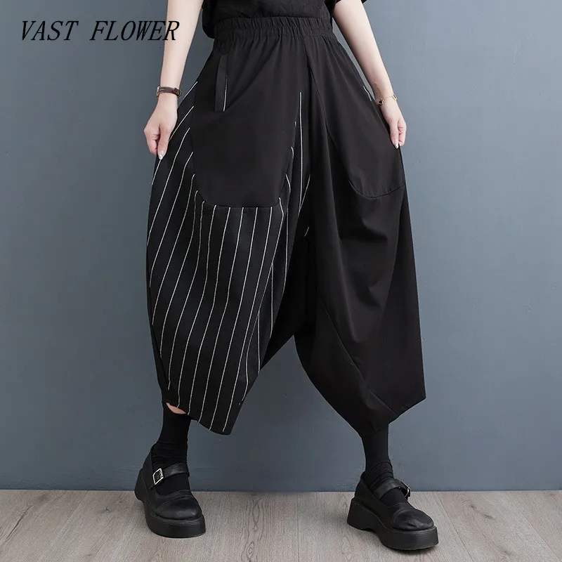 

Брюки женские с завышенной талией, винтажные свободные шаровары в полоску, повседневная одежда, уличная одежда, черные, лето 2023