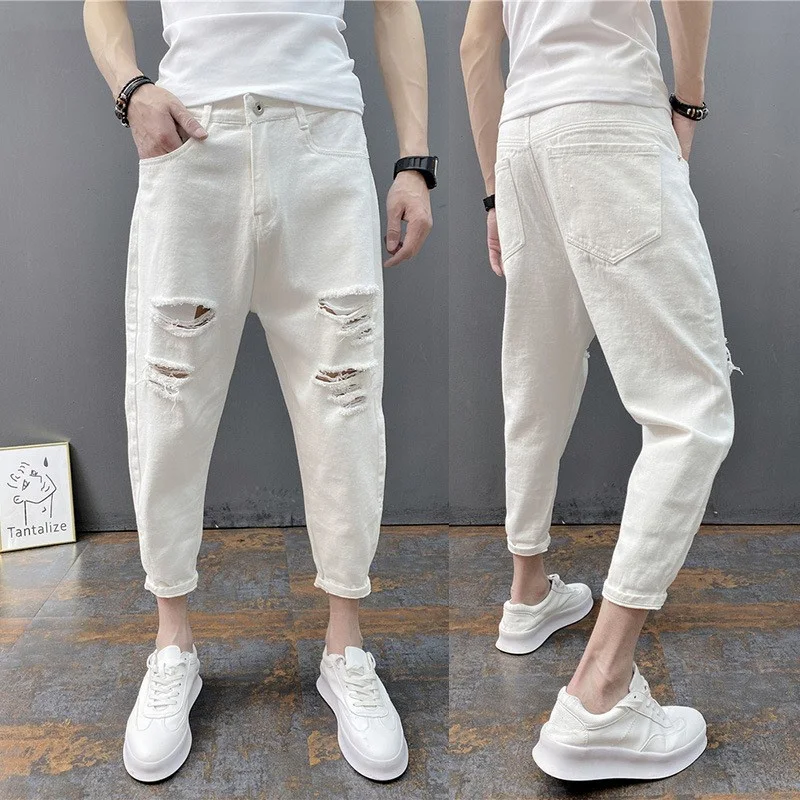Ripped Jeans White Jeans Ripped Patchwork Jeans Korean Ankle-Length Men Breathable Slim Fit Four Season Narrow Leg Harem Trousers