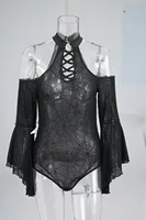 ROSEGAL Gothic Women Sexy Bodysuit Black Flare Sleeves Cold Shoulder Mesh Flocking Spider Web Lace Up O-Ring Lingerie Jumpsuit - Image 6