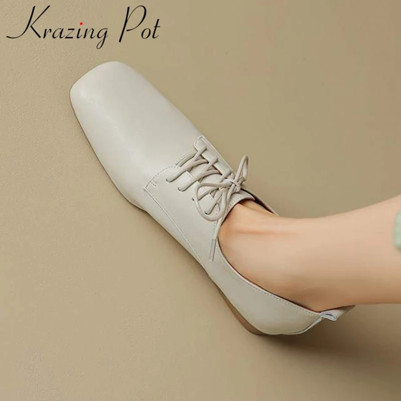 

Krazing Pot Cow Leather Square Toe Lace Up Solid Classic Shoes Women Leisure Deep Mouth Spring Mature Soft Skin Autumn Ins Flats
