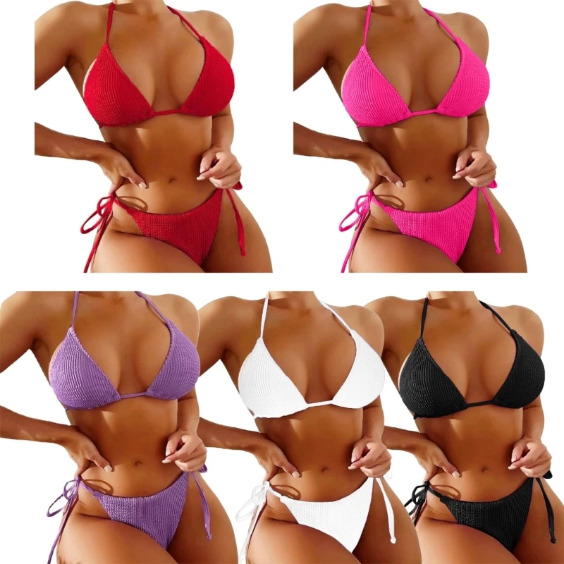 

2024 New Women Bikinis Set Lacing Solid Color Swimwear Thong Swimsuits Sexy Small Chest Gathered Bathing Suit Wrap Swimming Suit