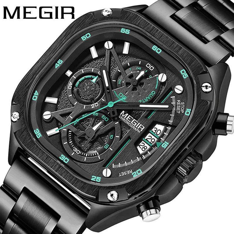 

MEGIR 2217 Men Quartz Watch Creative Design Square Dial Chronograph Waterproof Stainless Steel Strap Luminous Date Wristwatch