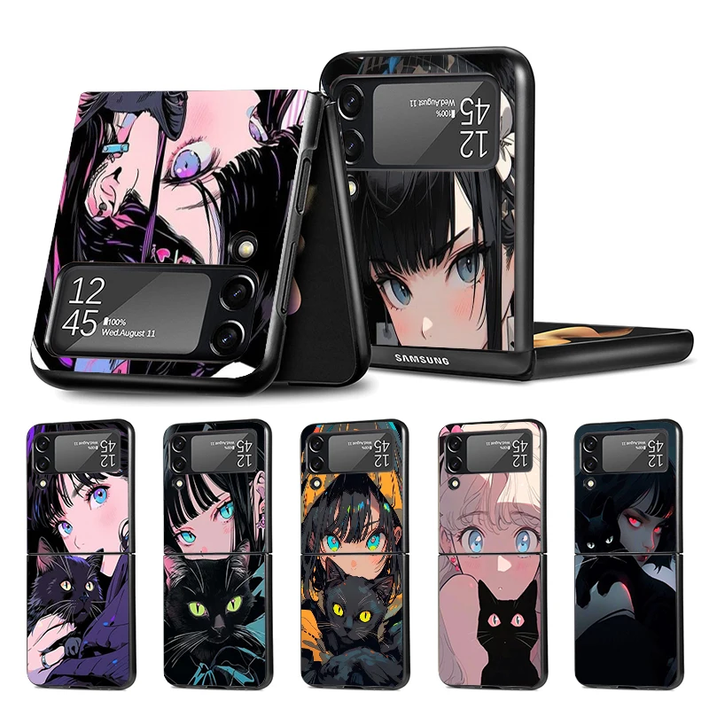 Anime Girls Cute Black Cat Z Flip 4 Phnoe Case Per Samsung Z Flip 3 5 5G Black Hard Shell Galaxy Zflip3 Zflip4 Zflip5 Unique Cov